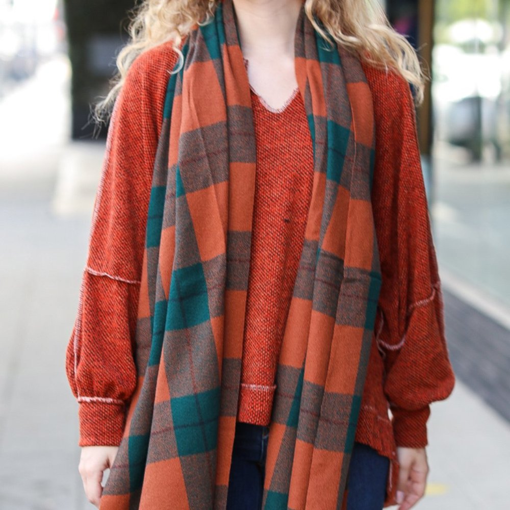 Rust & Green Plaid Frayed Scarf